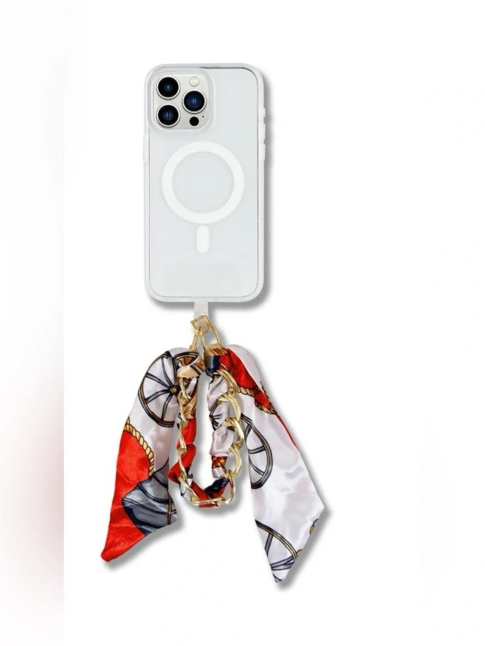 NIB Gold Chain Scarf Bracelet with Red and White Silk Tie phone wrist